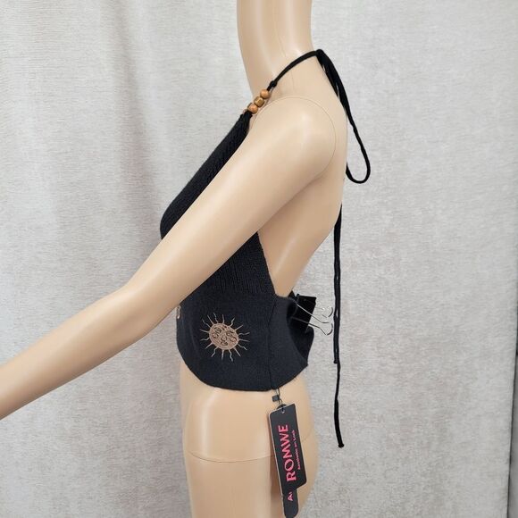 Romwe Black Sun Embroidered  Halter Crop Top Hippie Boho Festival NEW - Picture 5 of 11